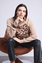 Jersey de cuello redondo de jacquard leopardo Lara - Beige - Mujer