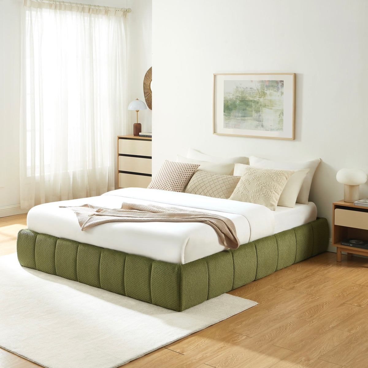Lavinia – Polsterbett mit Bettkasten – Grüner Chenille-Stoff