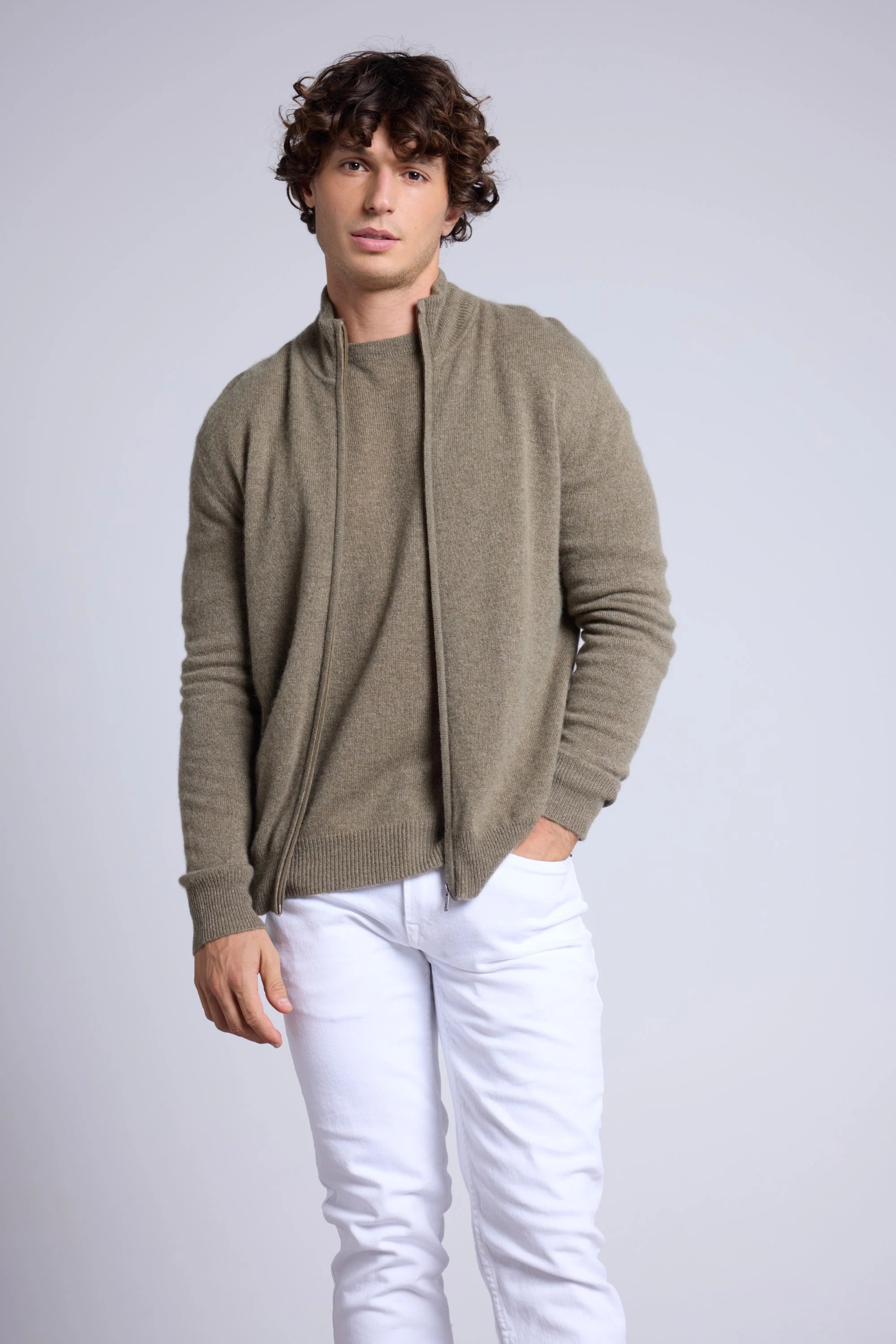 Cárdigan con cremallera y cuello alto Leo - Verde caqui - Hombre