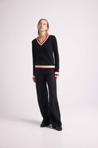Jersey de cuello en V Cricket College Leonie - Negro Rojo Blanco