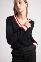Jersey de cuello en V Cricket College Leonie - Negro Rojo Blanco