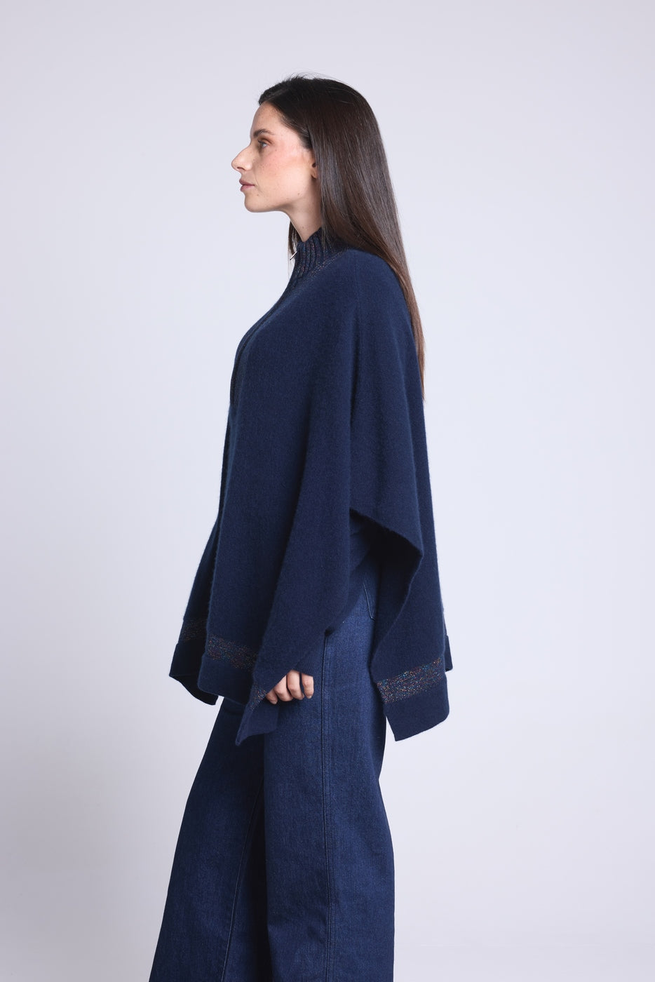 Poncho de cuello alto con cremallera Leonor - Azul marino y lurex multicolor - Mujer