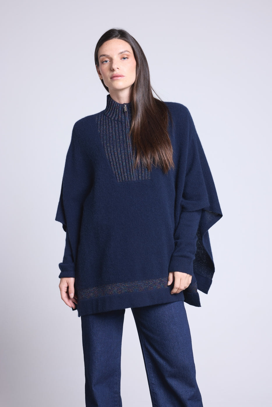 Poncho de cuello alto con cremallera Leonor - Azul marino y lurex multicolor - Mujer