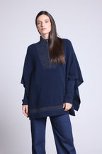 Poncho de cuello alto con cremallera Leonor - Azul marino y lurex multicolor - Mujer