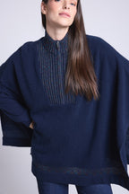 Poncho de cuello alto con cremallera Leonor - Azul marino y lurex multicolor - Mujer