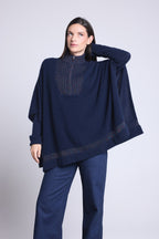 Poncho de cuello alto con cremallera Leonor - Azul marino y lurex multicolor - Mujer