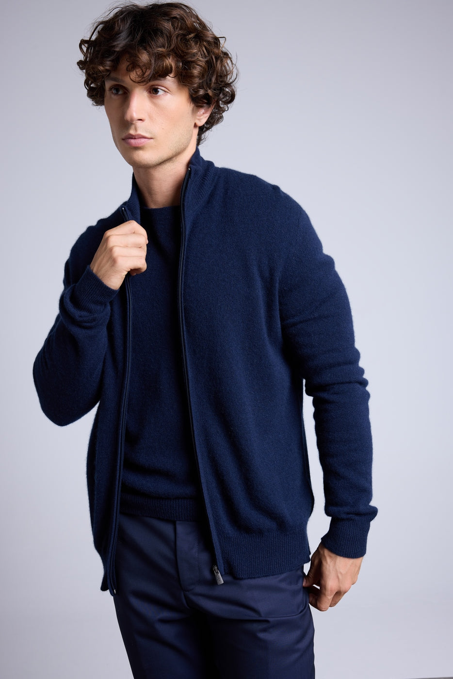 Leo Zipped Funnel Neck Cardigan - Navy Blue - Men