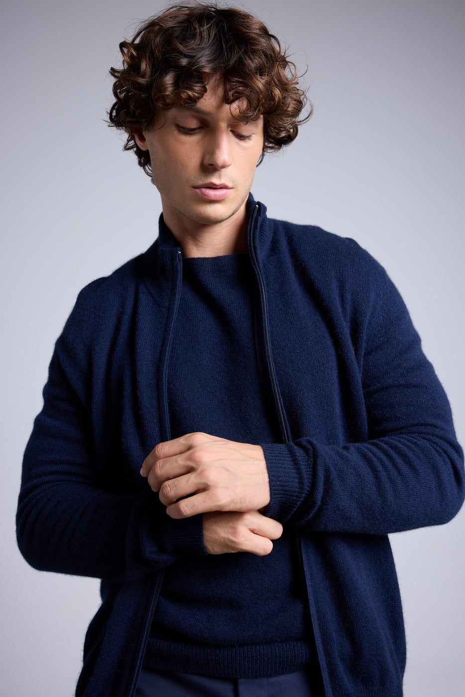 Leo Zipped Funnel Neck Cardigan - Navy Blue - Men