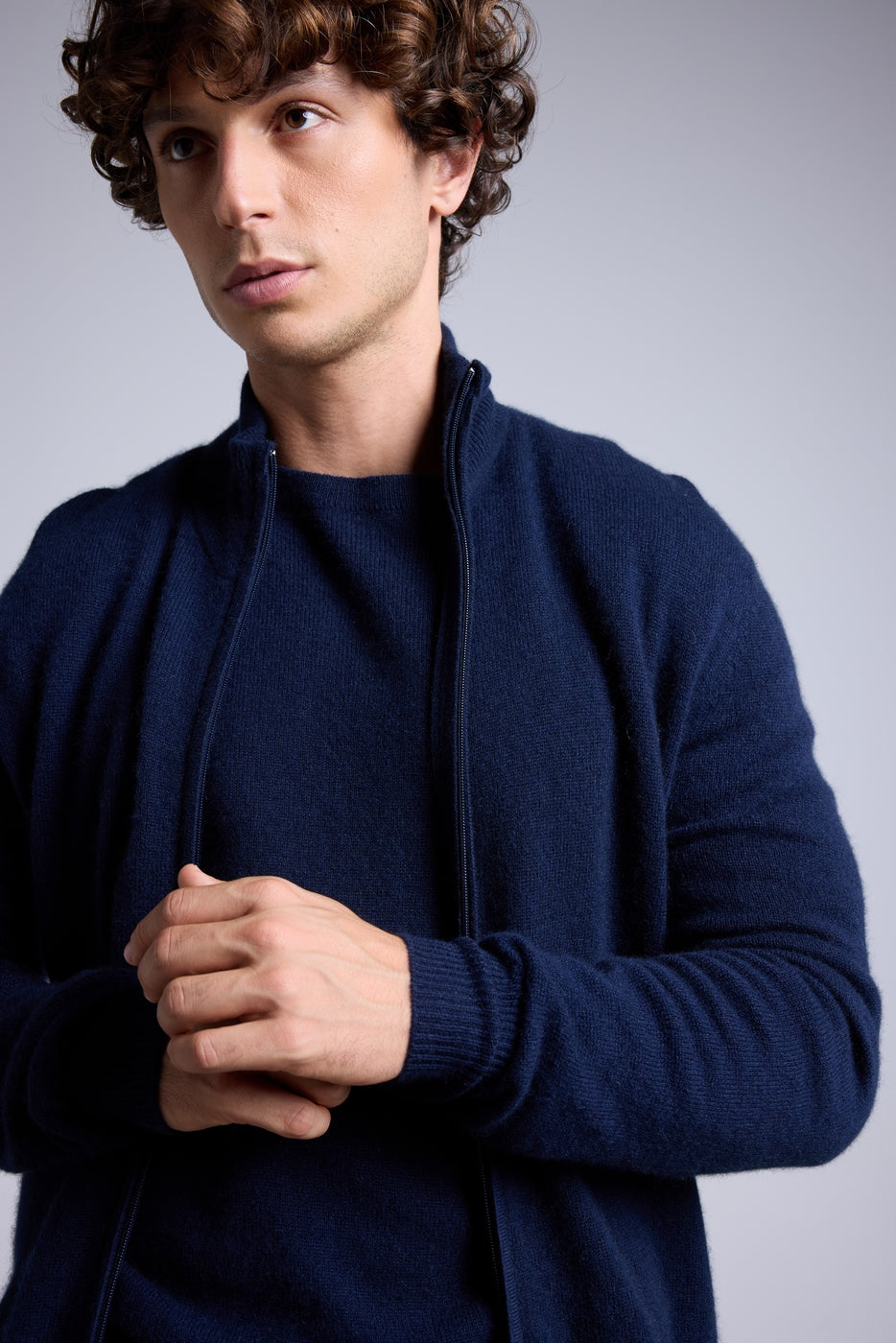 Leo Zipped Funnel Neck Cardigan - Navy Blue - Men