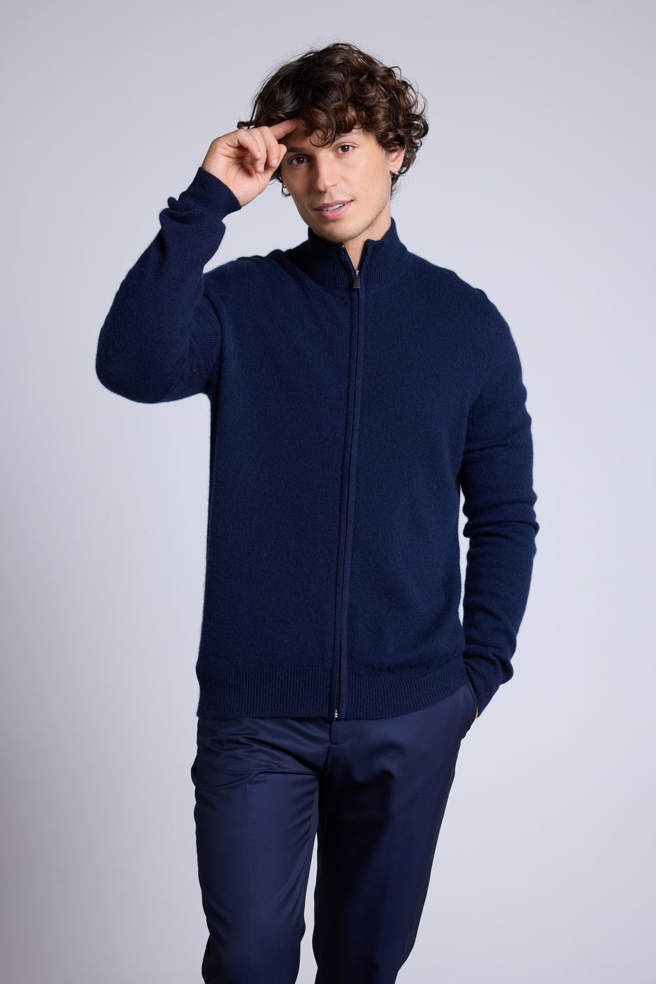 Leo Zipped Funnel Neck Cardigan - Navy Blue - Men