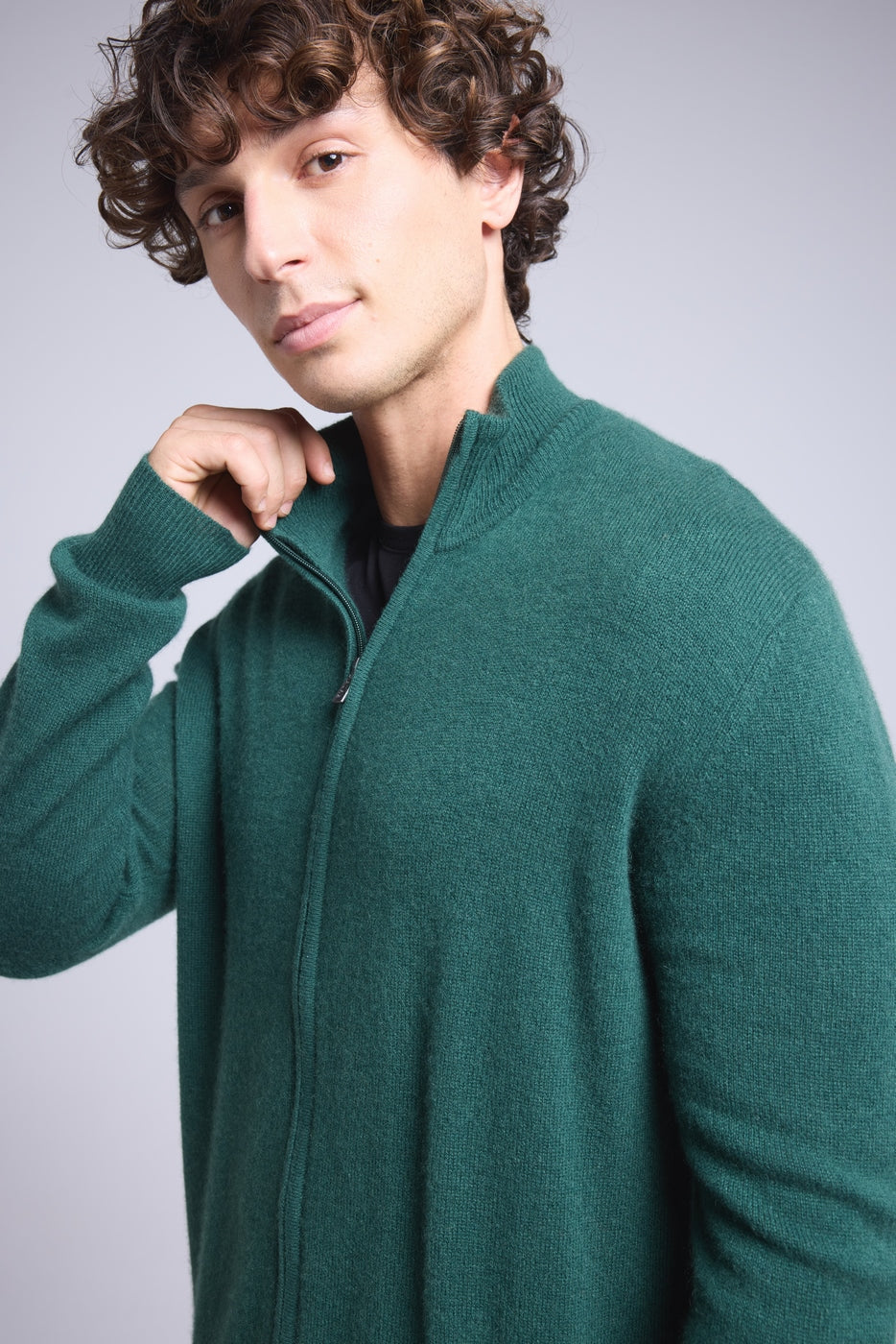 Cárdigan con cremallera y cuello alto Leo - Verde botella - Hombre