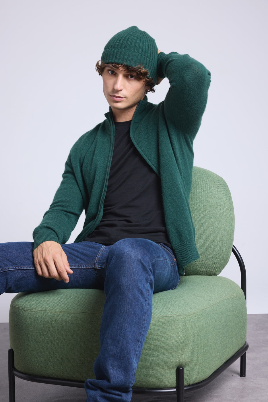Cárdigan con cremallera y cuello alto Leo - Verde botella - Hombre