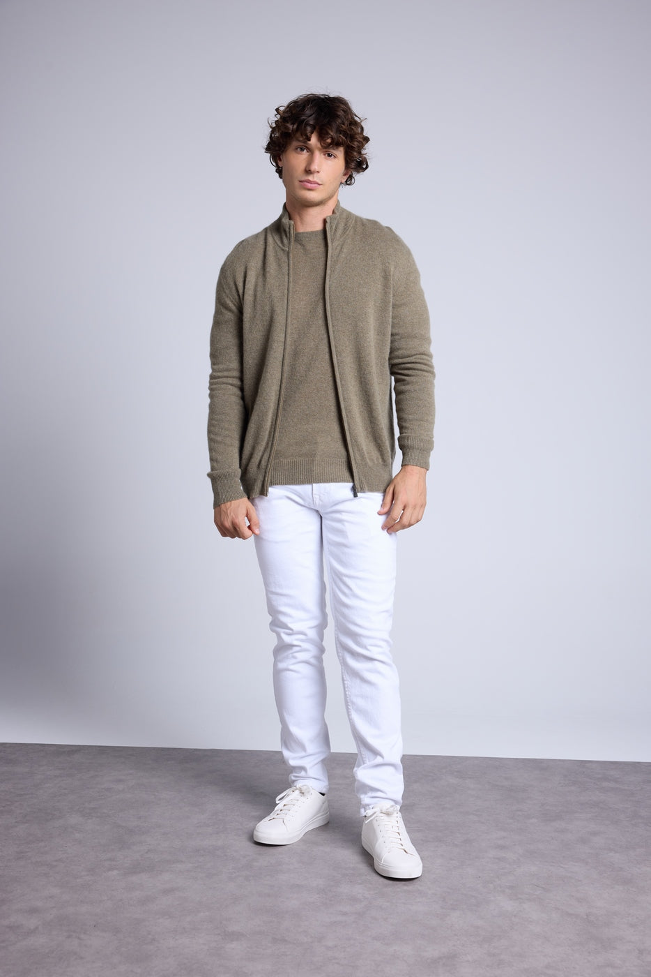 Cárdigan con cremallera y cuello alto Leo - Verde caqui - Hombre