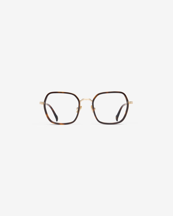 Vel Ecaille eyeglasses — hexagonal acetate-metal frame, front view