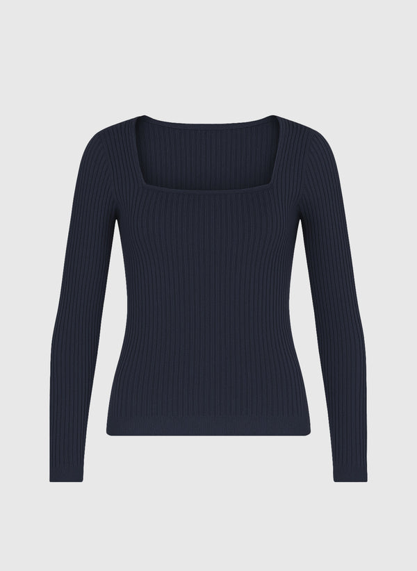 An'ge – Lesie Marine Jumper, navy blue long-sleeved ribbed jumper with a square neckline