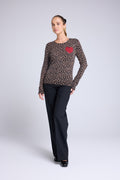 Pull Col Rond Print Leopard Cœur Rouge Letizia - Leopard Beige Rouge