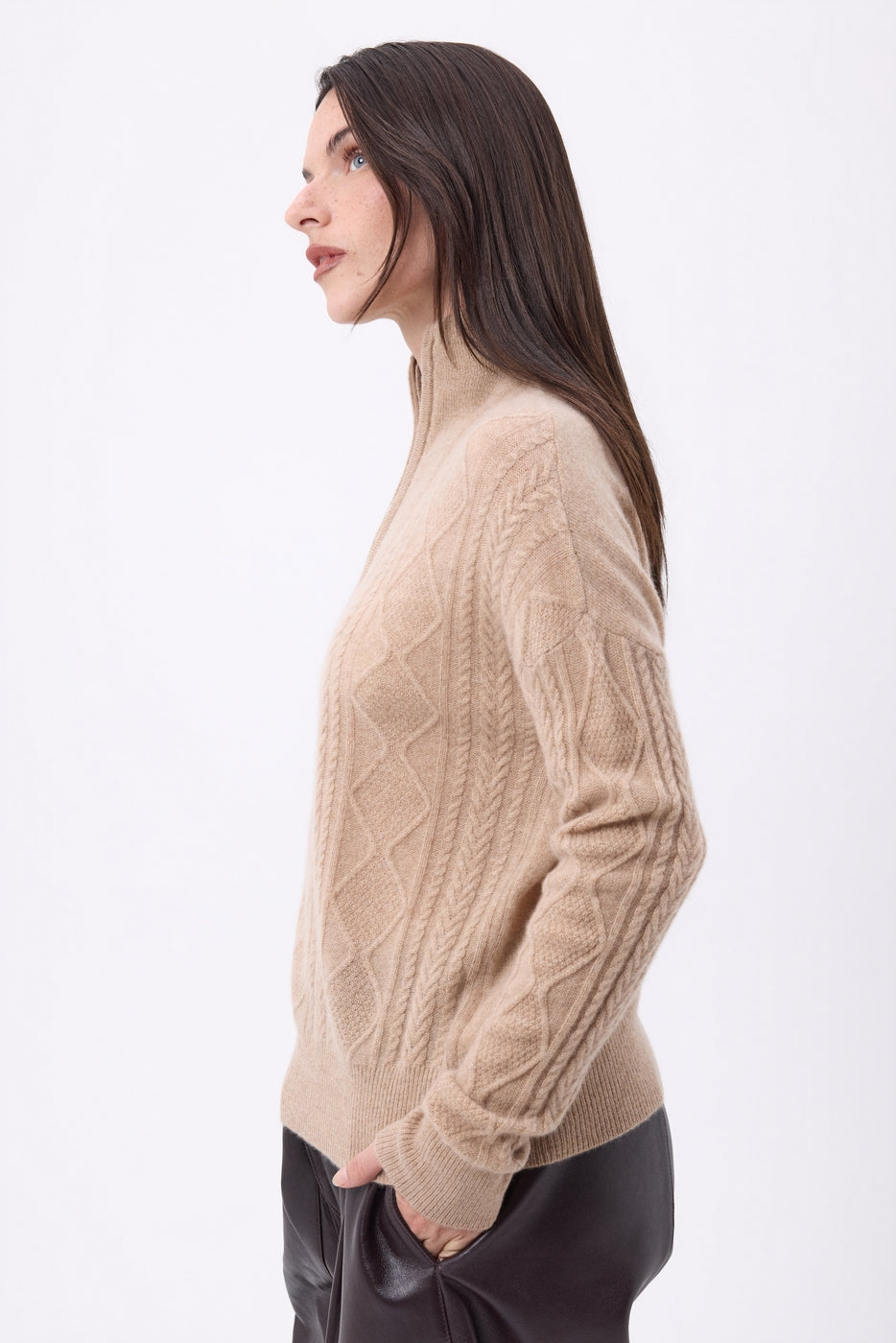 Pull Grand Col Montant Zippé Torsades Lhasa - Beige Creme - Femme