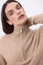 Pull Grand Col Montant Zippé Torsades Lhasa - Beige Creme - Femme
