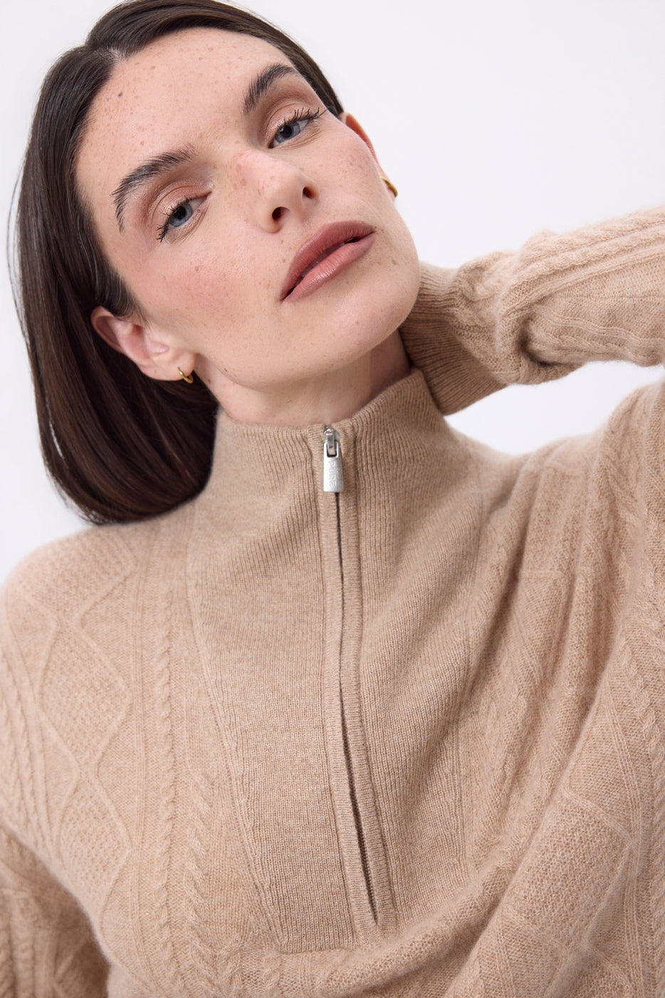 Pull Grand Col Montant Zippé Torsades Lhasa - Beige Creme - Femme