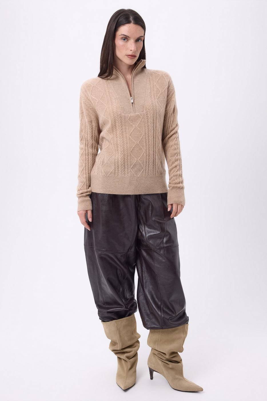 Pull Grand Col Montant Zippé Torsades Lhasa - Beige Creme - Femme