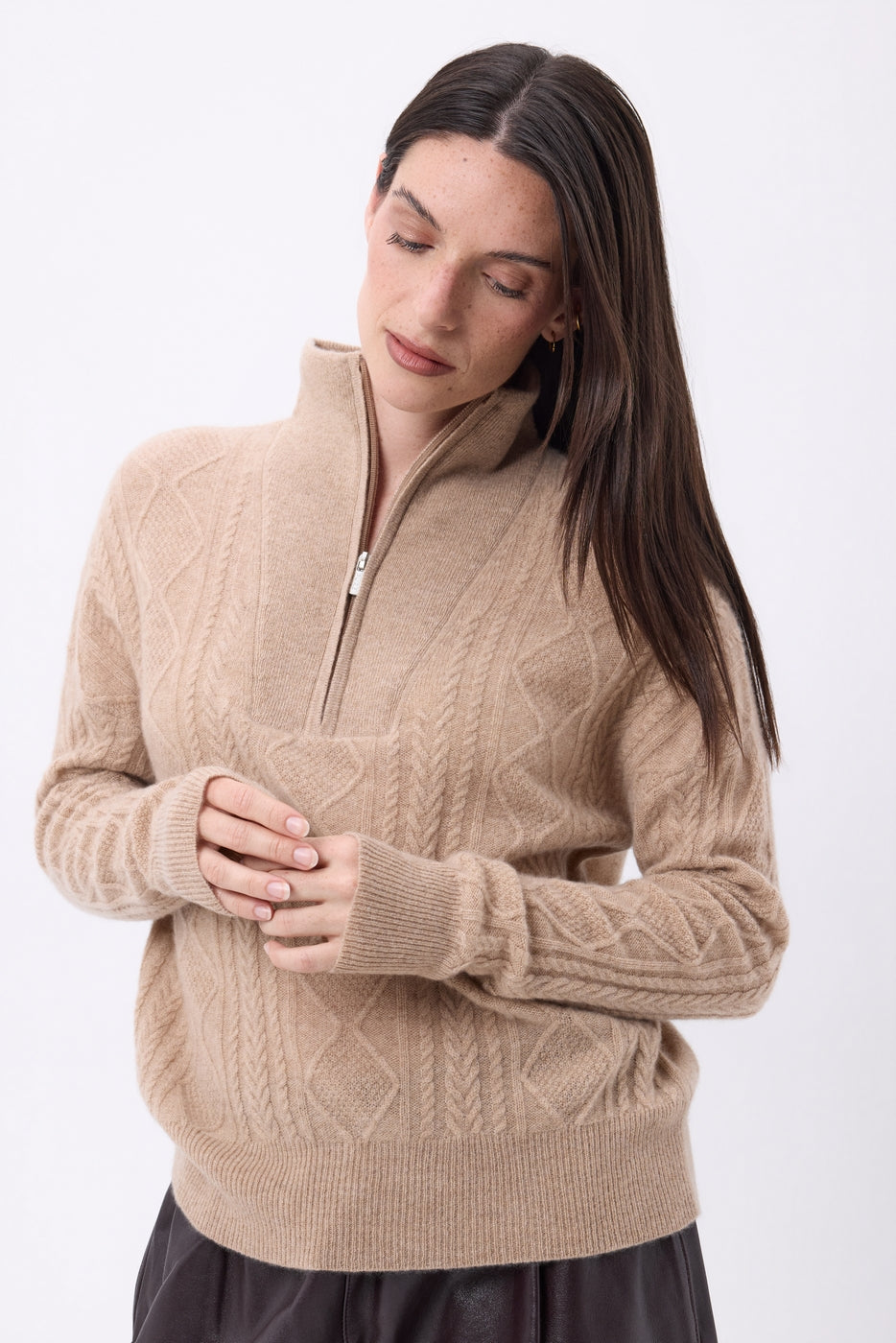 Pull Grand Col Montant Zippé Torsades Lhasa - Beige Creme - Femme