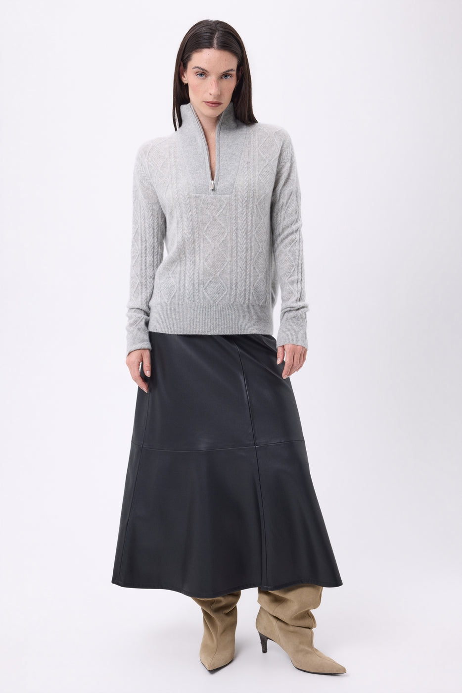 Pull Grand Col Montant Zippé Torsades Lhasa - Gris Clair - Femme