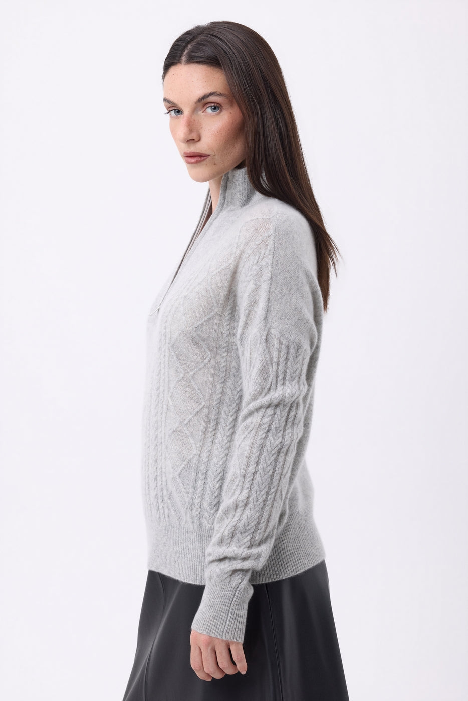 Pull Grand Col Montant Zippé Torsades Lhasa - Gris Clair - Femme