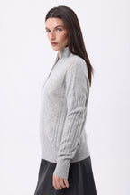 Pull Grand Col Montant Zippé Torsades Lhasa - Gris Clair - Femme