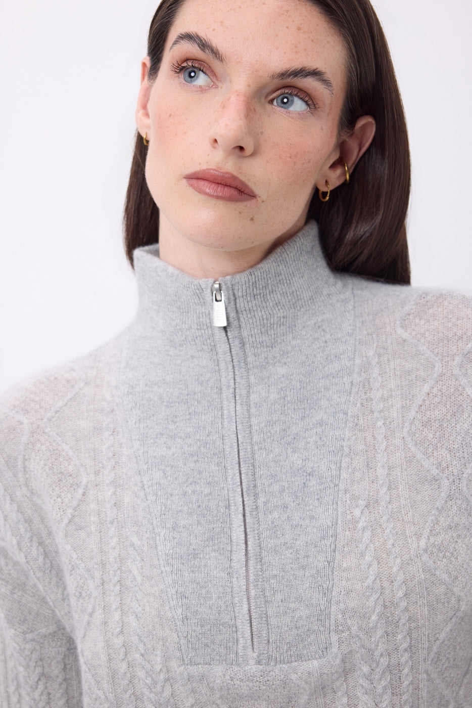 Pull Grand Col Montant Zippé Torsades Lhasa - Gris Clair - Femme