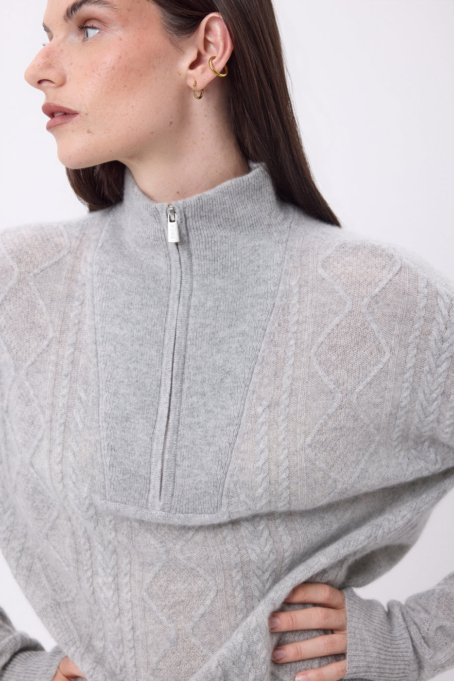 Pull Grand Col Montant Zippé Torsades Lhasa - Gris Clair - Femme