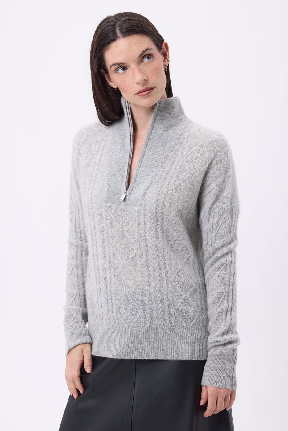 Pull Grand Col Montant Zippé Torsades Lhasa - Gris Clair - Femme