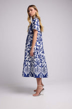 Short-Sleeve Midi Dress - Navy White