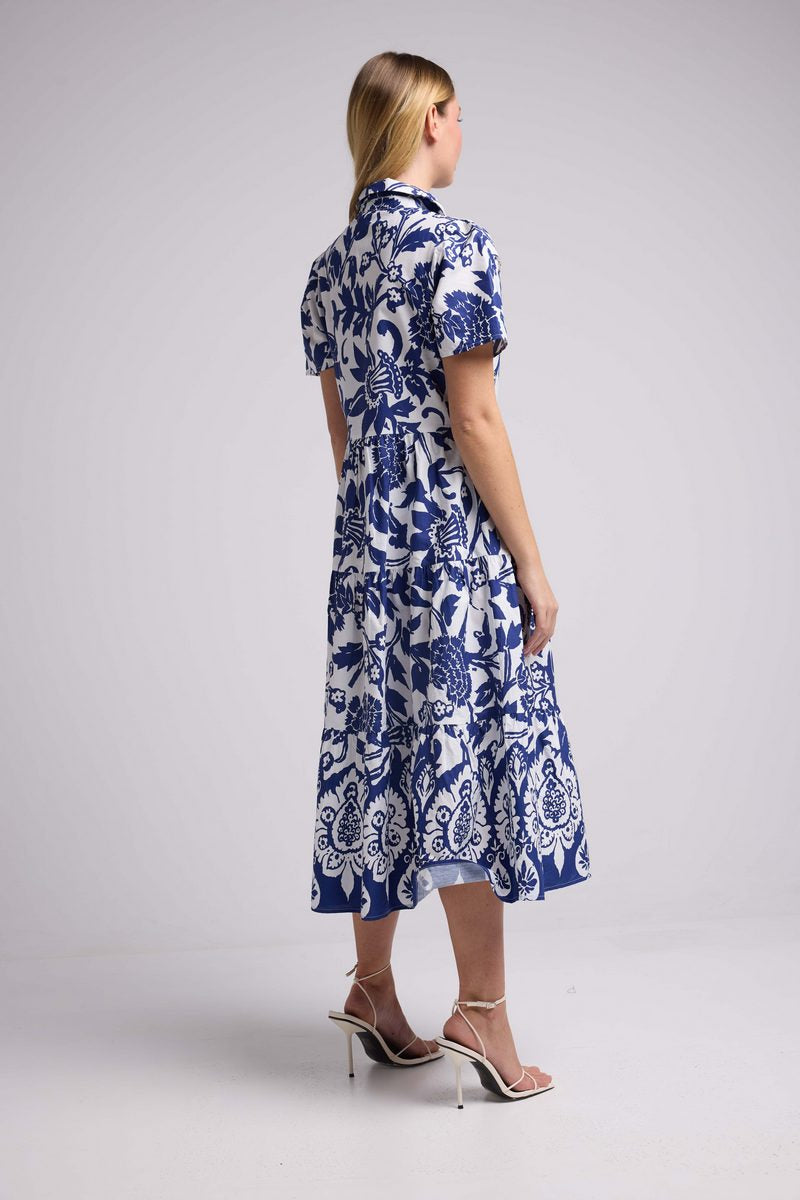 Short-Sleeve Midi Dress - Navy White