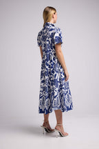 Short-Sleeve Midi Dress - Navy White