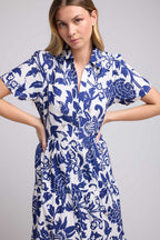 Short-Sleeve Midi Dress - Navy White