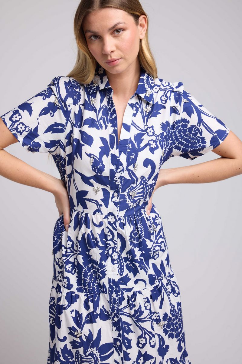 Short-Sleeve Midi Dress - Navy White