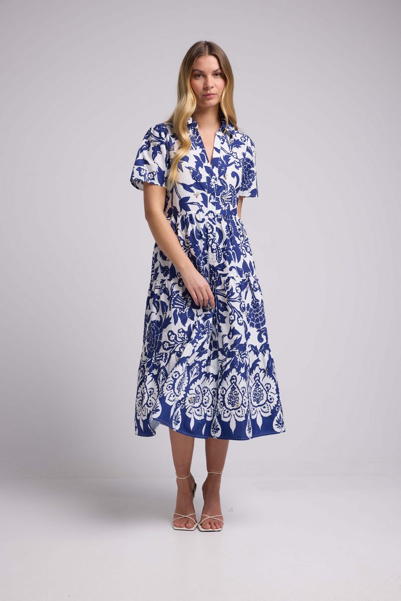 Short-Sleeve Midi Dress - Navy White