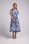 Short-Sleeve Midi Dress - Navy White