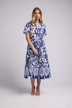 Short-Sleeve Midi Dress - Navy White