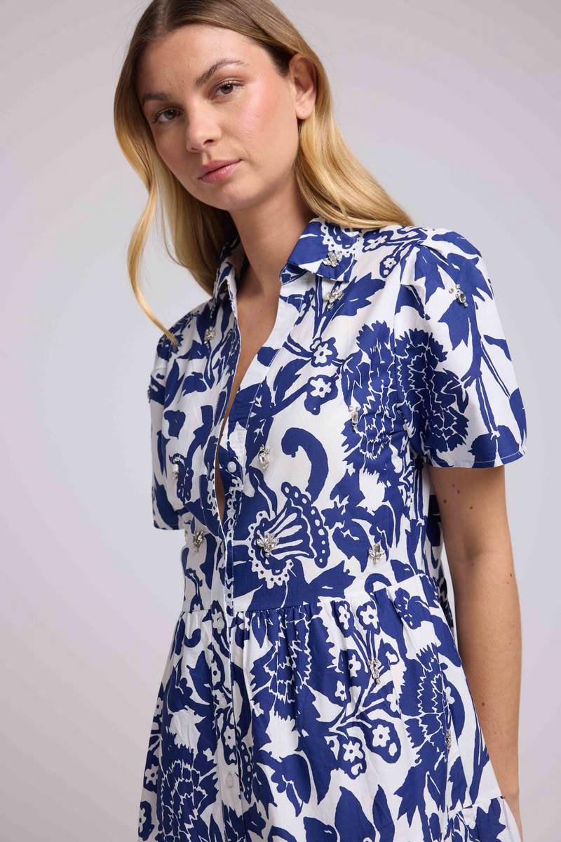 Short-Sleeve Midi Dress - Navy White