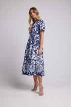 Short-Sleeve Midi Dress - Navy White