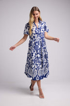 Short-Sleeve Midi Dress - Navy White