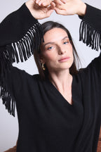 Pull Col V Manches Franges Lina - Noir - Femme