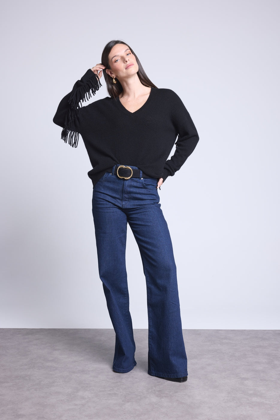 Pull Col V Manches Franges Lina - Noir - Femme