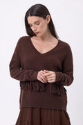 Jersey de cuello en V con flecos Lina - Marrón chocolate - Mujer
