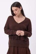 Jersey de cuello en V con flecos Lina - Marrón chocolate - Mujer