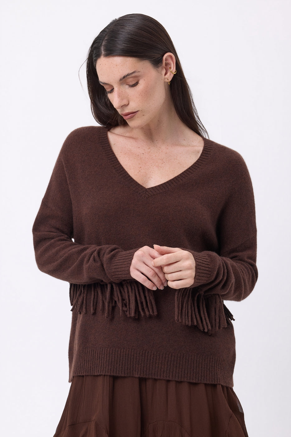 Jersey de cuello en V con flecos Lina - Marrón chocolate - Mujer