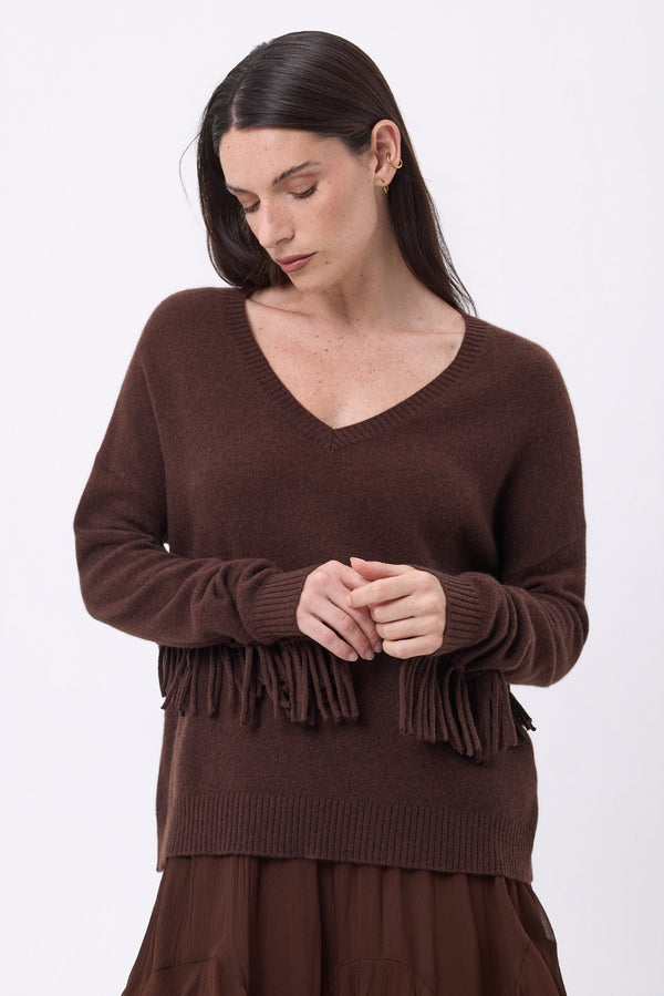 Jersey Cuello De Pico Con Flecos Lina - Marrón Chocolate - Mujer - 100% Cachemira