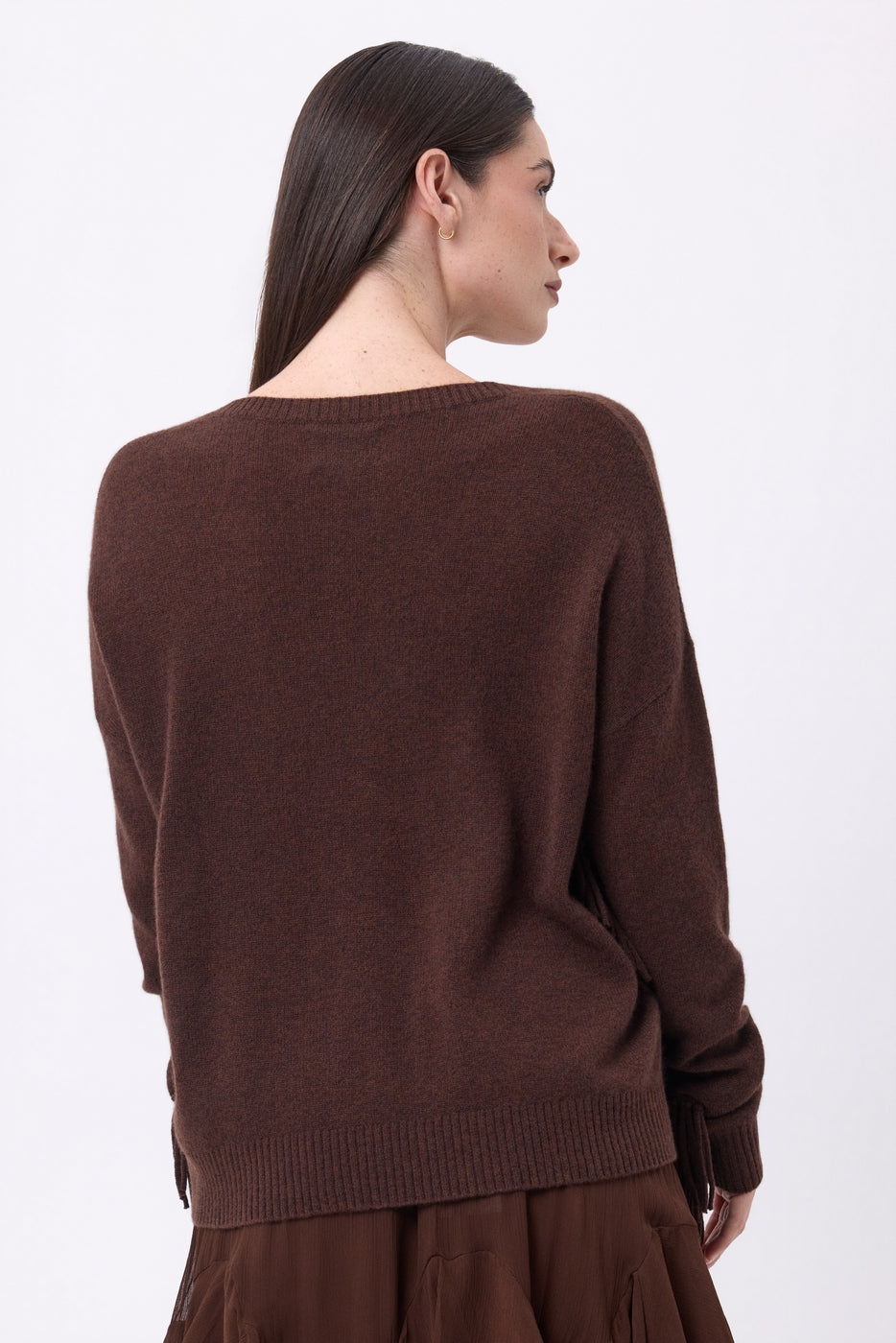 Jersey de cuello en V con flecos Lina - Marrón chocolate - Mujer
