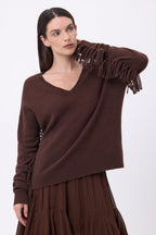 Jersey de cuello en V con flecos Lina - Marrón chocolate - Mujer